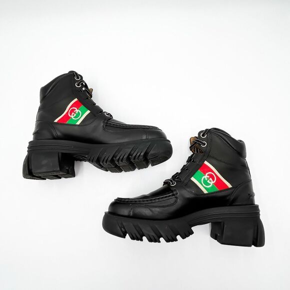 Gucci GG Web Stripe Lug Sole Black Leather Quebec Combat Boots Size 39, 9 - Picture 6 of 12
